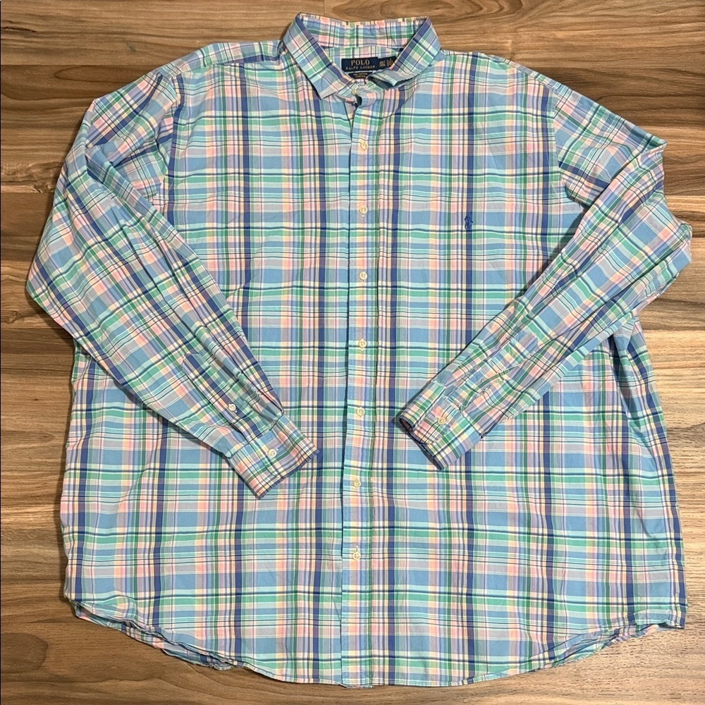 Polo Ralph Lauren Men 3XLT L/S Blue Pink Plaid Stretch Cotton Button Down Shirt